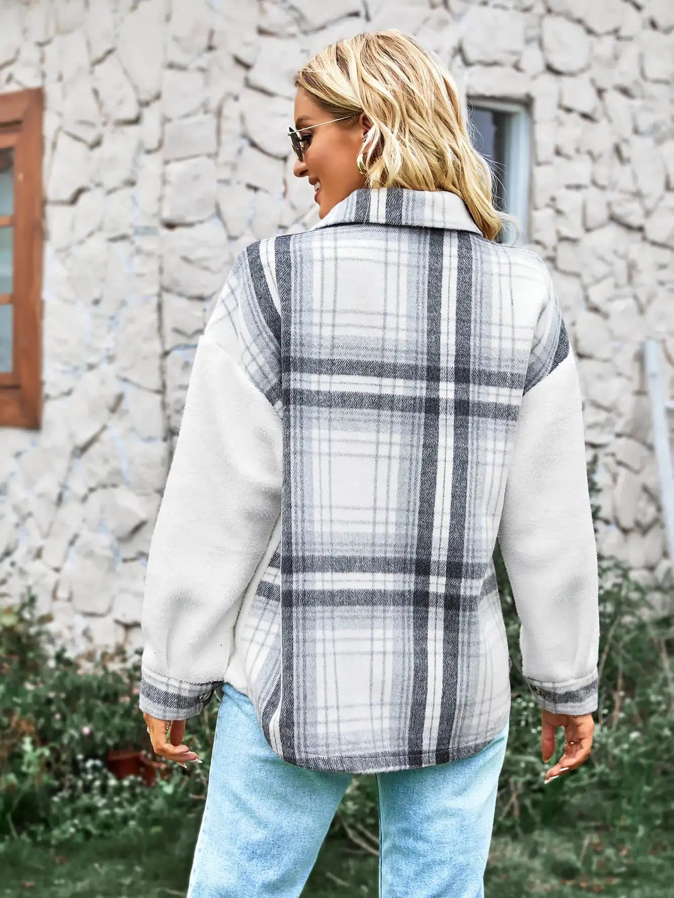 Plaid Contrast Button Front Spliced Sherpa Jacket GLR SHOPPING