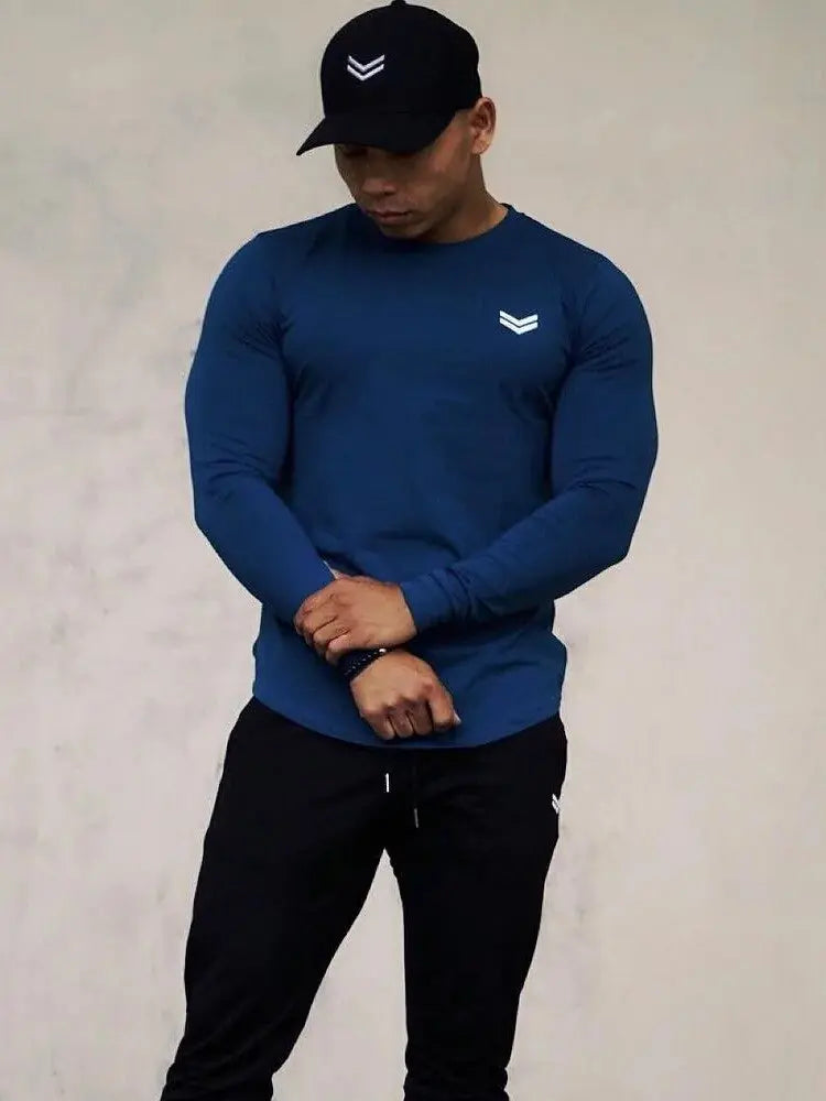 Men's Solid Color Long Sleeve Cotton T-Shirt: Spring Jogger Sports Muscle Exercise (3XL) GLR SHOPPING