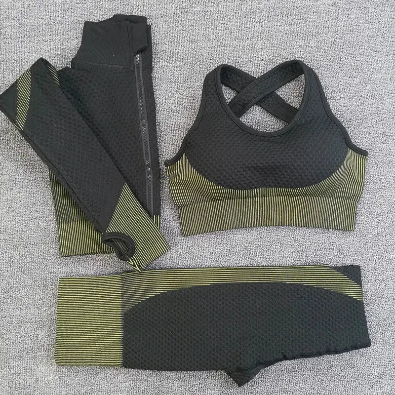 Sport Seamless Workout Set Women Rib 3 2 Piece Long Sleeve Zipper Crop Top Shirt Legging Pants Fitness Set Clothes Yoga Gym Set GLR SHOPPING