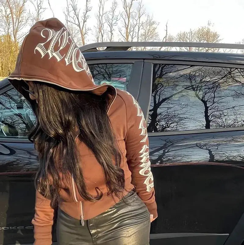 Women Zip Up Letter Printed Streetwear Hoodie GLR SHOPPING