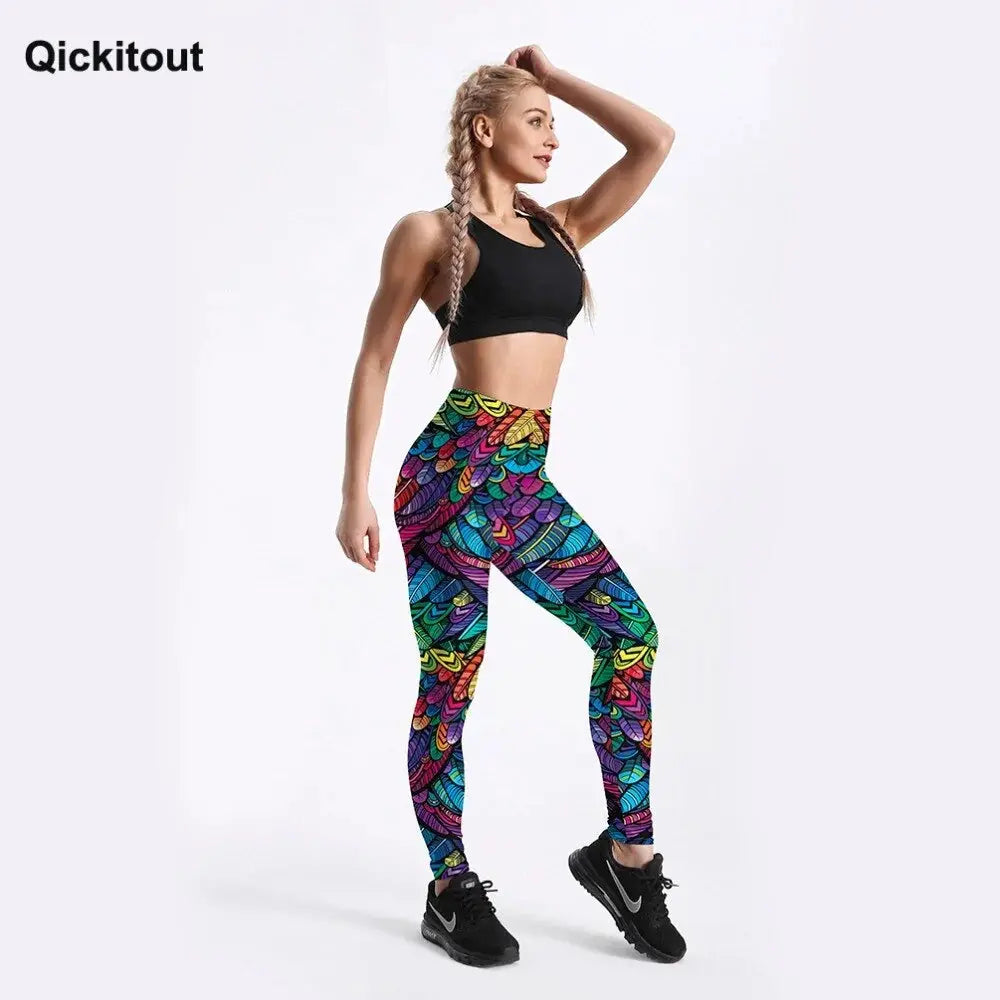Quickitout Color Feathers 3D Printed Women's Mid-Waist Fitness Trousers GLR SHOPPING