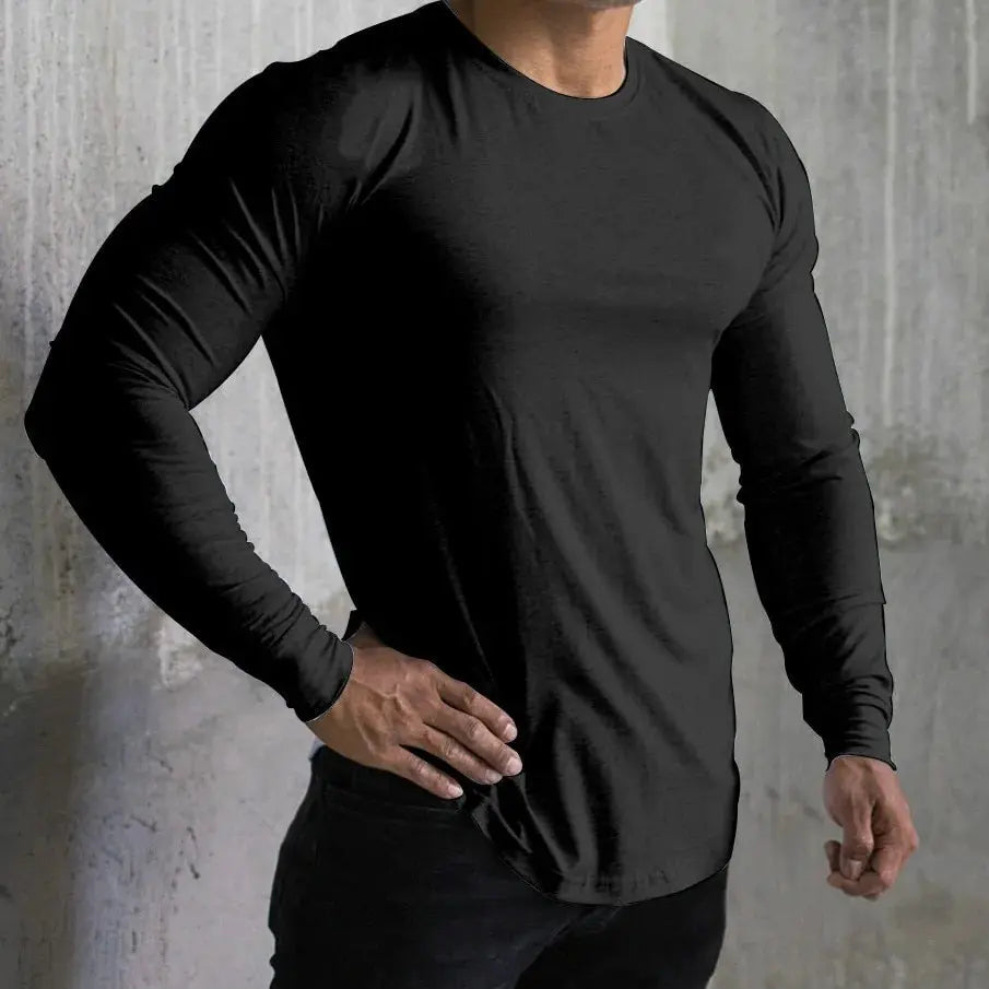 Men's Solid Color Long Sleeve Cotton T-Shirt: Spring Jogger Sports Muscle Exercise (3XL) GLR SHOPPING
