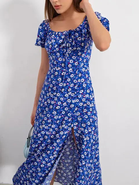 Floral Print Short Sleeve Hip Wrap Party Dress GLR SHOPPING