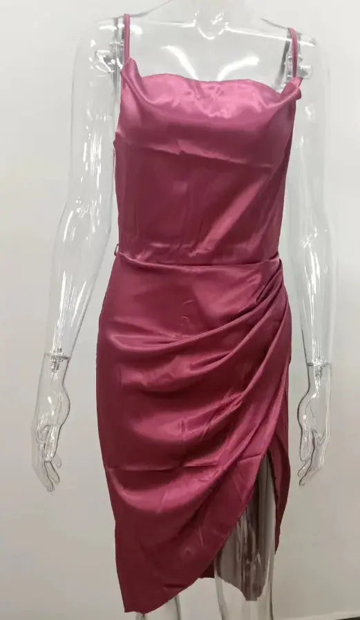 Midi Satin Dress Split Adjustable Strap GLR SHOPPING