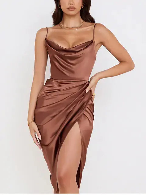 Midi Satin Dress Split Adjustable Strap GLR SHOPPING