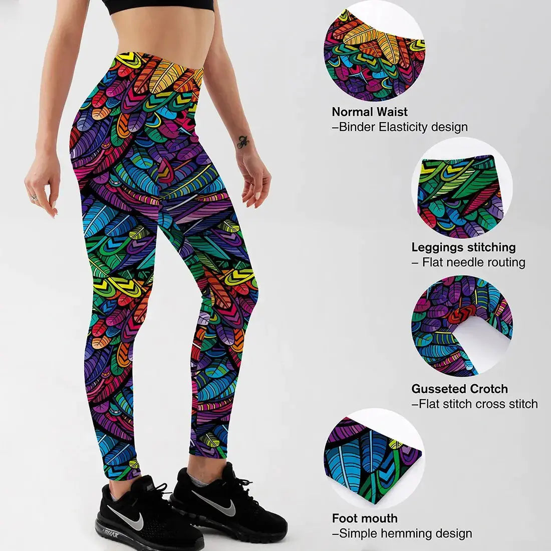 Quickitout Color Feathers 3D Printed Women's Mid-Waist Fitness Trousers GLR SHOPPING