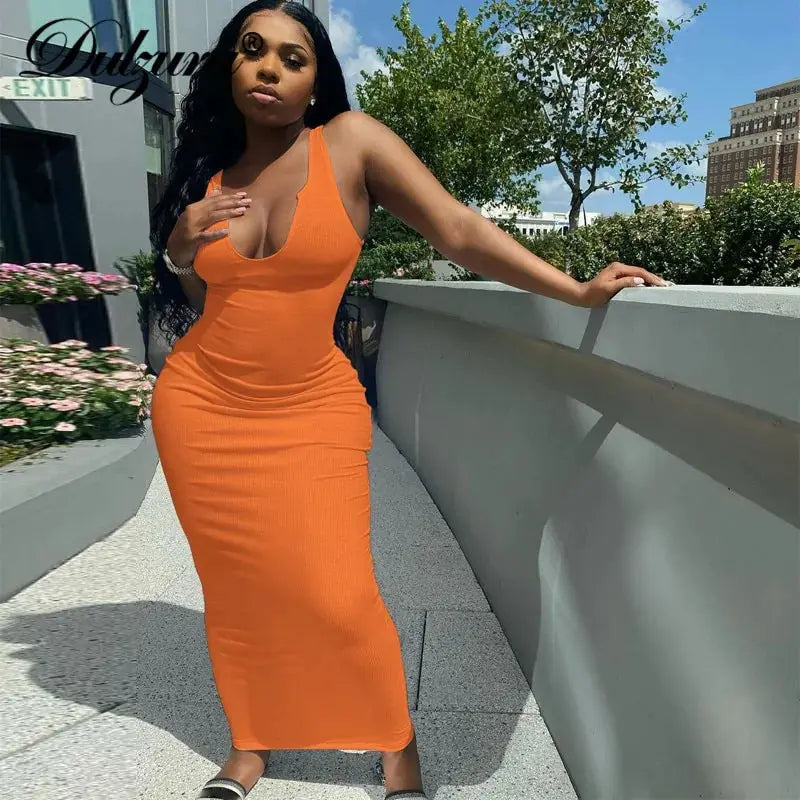 Women's V-Neck Bodycon Striped Knitted Sleeveless Midi Dress GLR SHOPPING