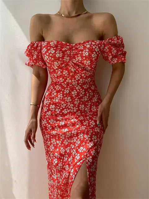 Floral Print Short Sleeve Hip Wrap Party Dress GLR SHOPPING
