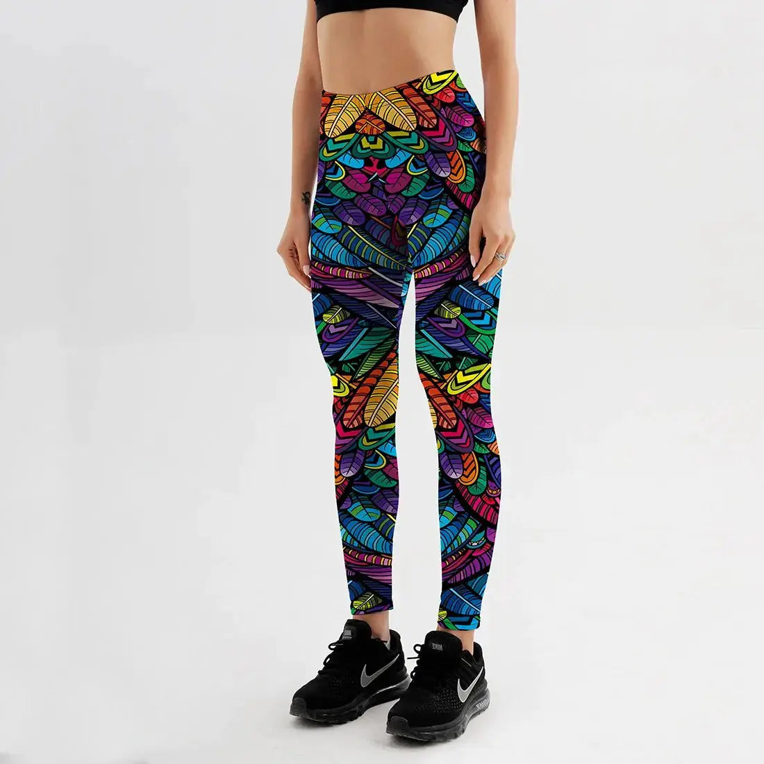 Quickitout Color Feathers 3D Printed Women's Mid-Waist Fitness Trousers GLR SHOPPING