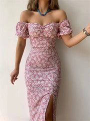 Floral Print Short Sleeve Hip Wrap Party Dress GLR SHOPPING