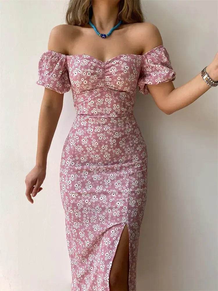 Floral Print Short Sleeve Hip Wrap Party Dress GLR SHOPPING