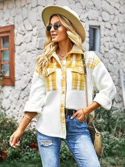 Plaid Contrast Button Front Spliced Sherpa Jacket GLR SHOPPING