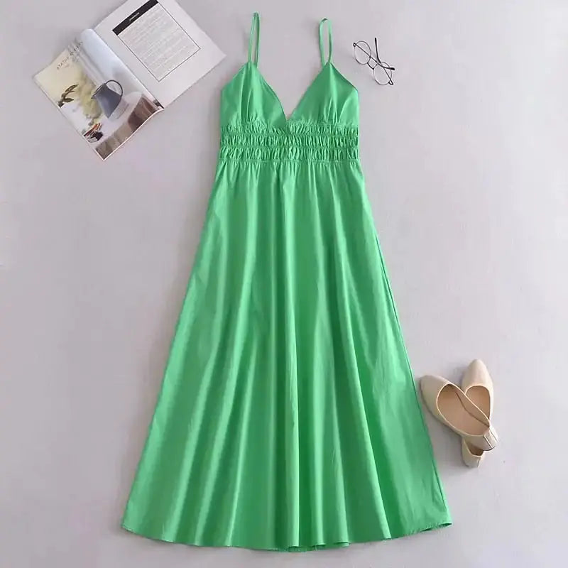 Green Cotton V Neck Summer Women's Dress GLR SHOPPING