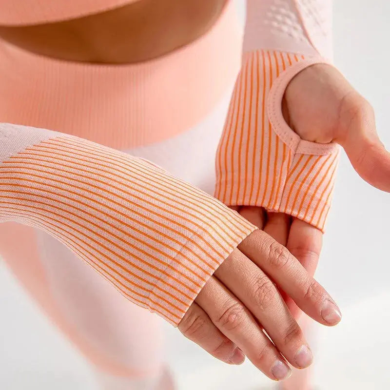 Sport Seamless Workout Set Women Rib 3 2 Piece Long Sleeve Zipper Crop Top Shirt Legging Pants Fitness Set Clothes Yoga Gym Set GLR SHOPPING