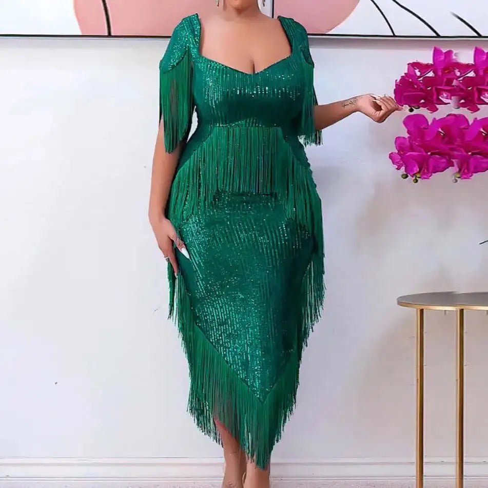 Plus Size Sequin Tassel Midi Dress GLR SHOPPING
