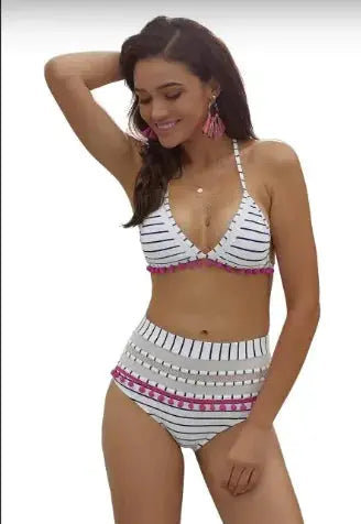 Blue White Striped Pom Pom Bikini GLR SHOPPING
