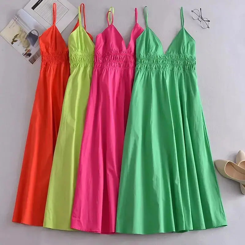 Green Cotton V Neck Summer Women's Dress GLR SHOPPING
