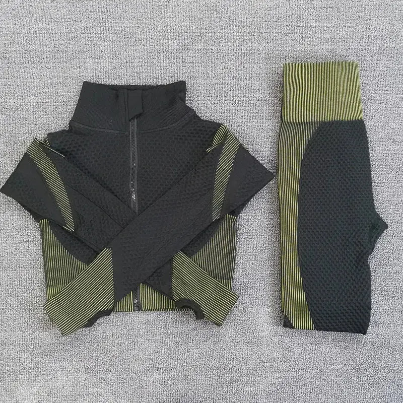 Sport Seamless Workout Set Women Rib 3 2 Piece Long Sleeve Zipper Crop Top Shirt Legging Pants Fitness Set Clothes Yoga Gym Set GLR SHOPPING