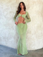 2 Piece Skirt Set Hollow Out Crop Top Long Sleeve GLR SHOPPING