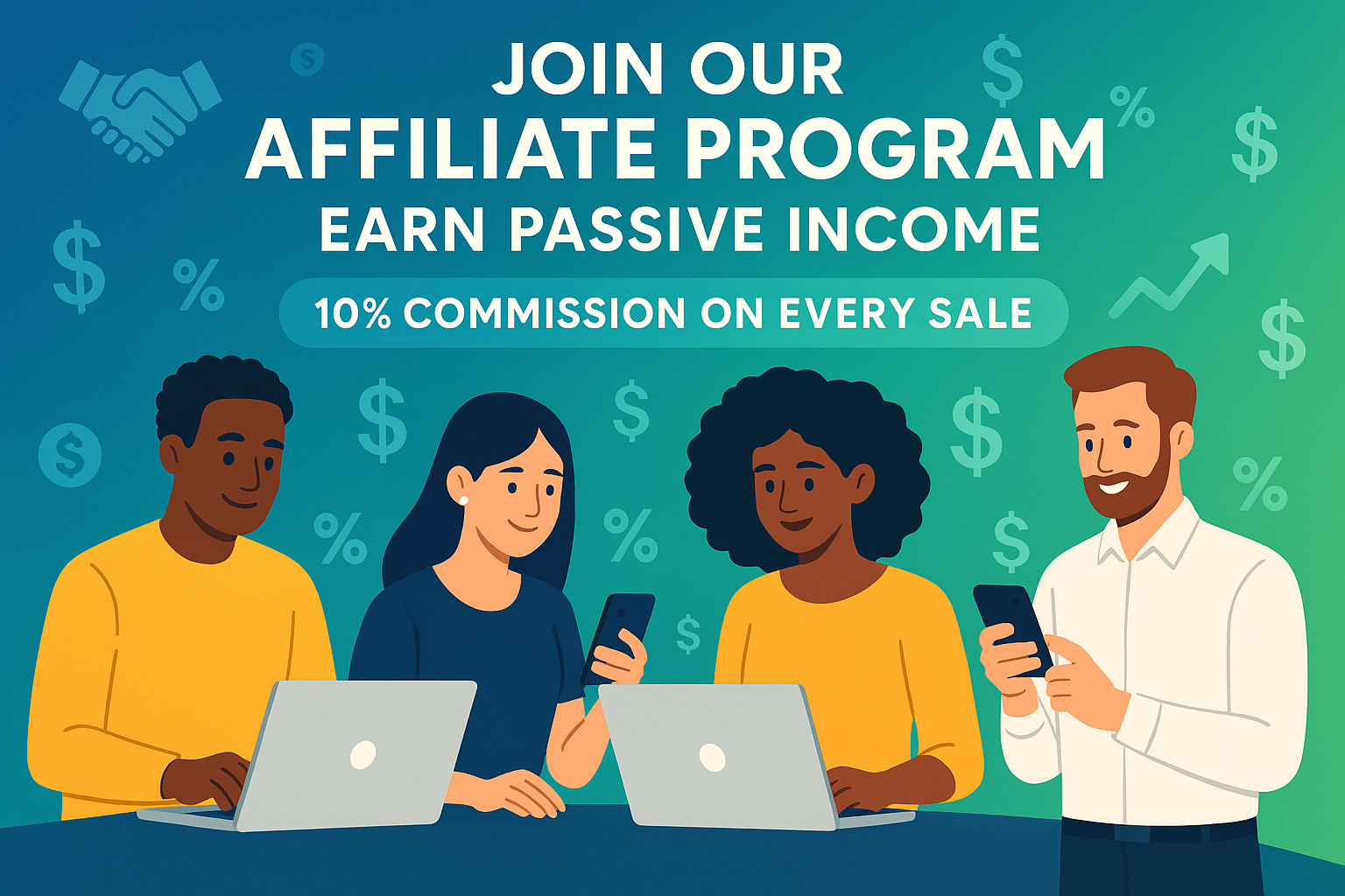 create an image where people can join our affiliate program to earn passive income and 10% commissions on each sale