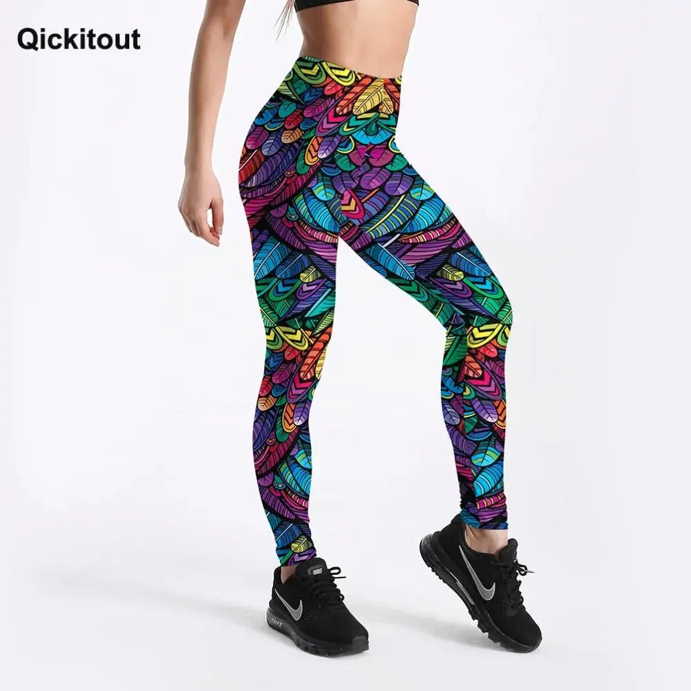 Quickitout Color Feathers 3D Printed Women's Mid-Waist Fitness Trousers GLR SHOPPING