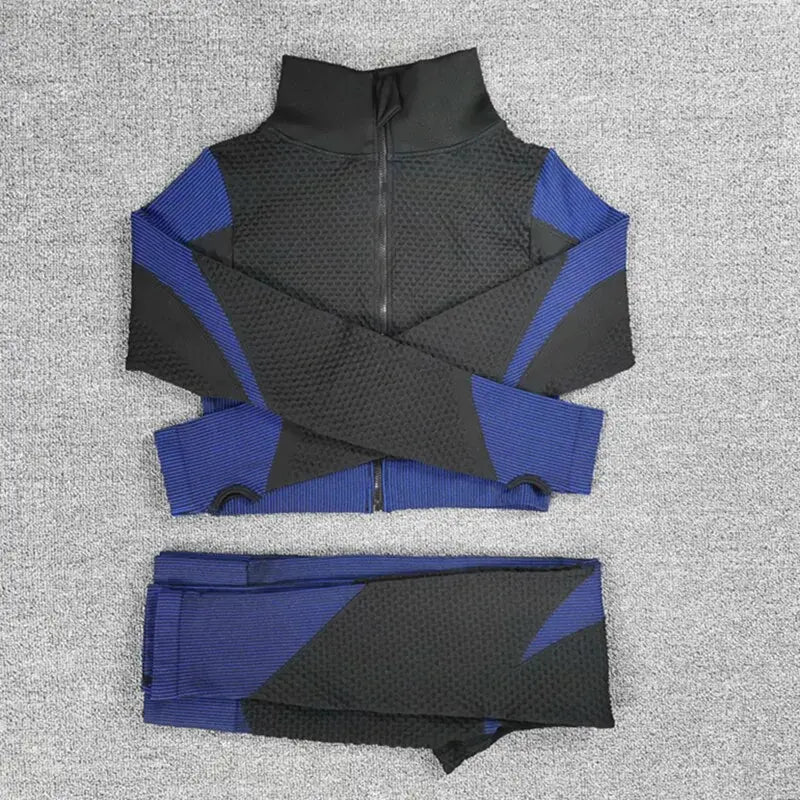 Sport Seamless Workout Set Women Rib 3 2 Piece Long Sleeve Zipper Crop Top Shirt Legging Pants Fitness Set Clothes Yoga Gym Set GLR SHOPPING