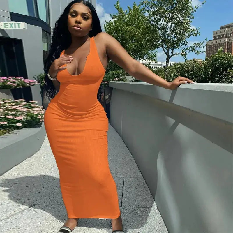 Women's V-Neck Bodycon Striped Knitted Sleeveless Midi Dress GLR SHOPPING