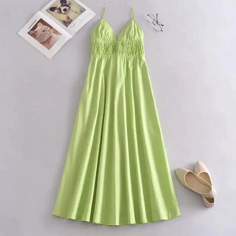 Green Cotton V Neck Summer Women's Dress GLR SHOPPING
