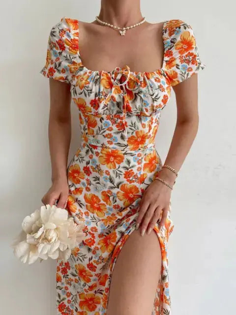Floral Print Short Sleeve Hip Wrap Party Dress GLR SHOPPING