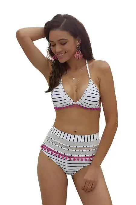 Blue White Striped Pom Pom Bikini GLR SHOPPING