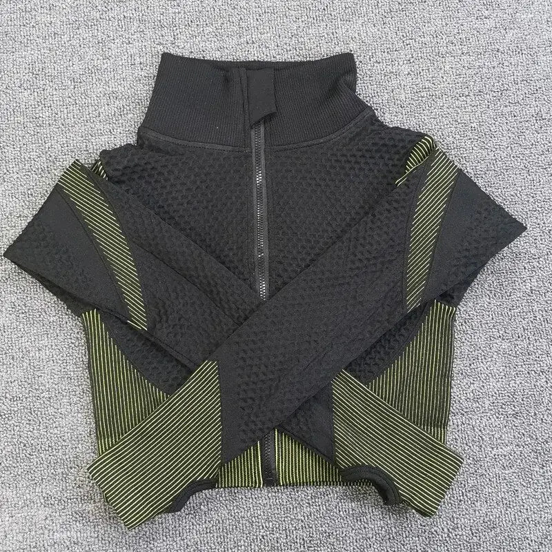 Sport Seamless Workout Set Women Rib 3 2 Piece Long Sleeve Zipper Crop Top Shirt Legging Pants Fitness Set Clothes Yoga Gym Set GLR SHOPPING