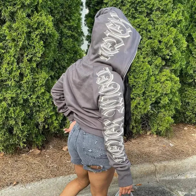 Women Zip Up Letter Printed Streetwear Hoodie GLR SHOPPING