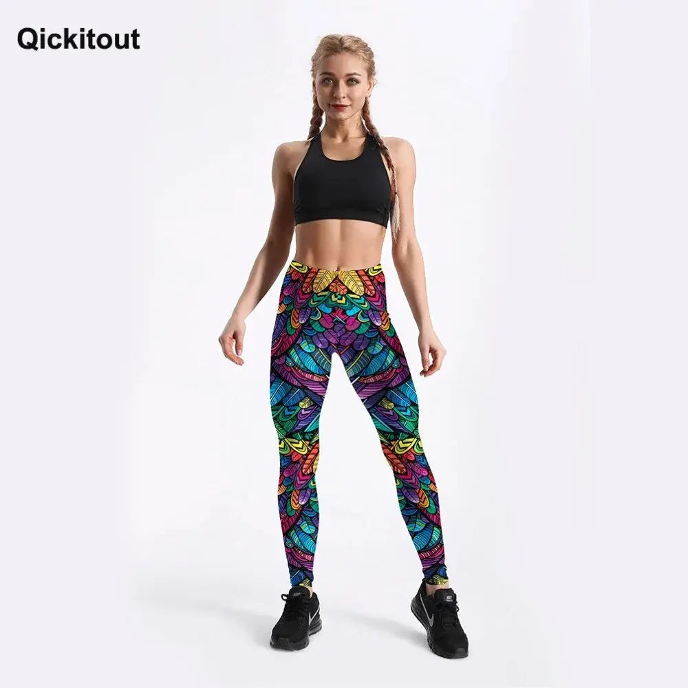 Quickitout Color Feathers 3D Printed Women's Mid-Waist Fitness Trousers GLR SHOPPING