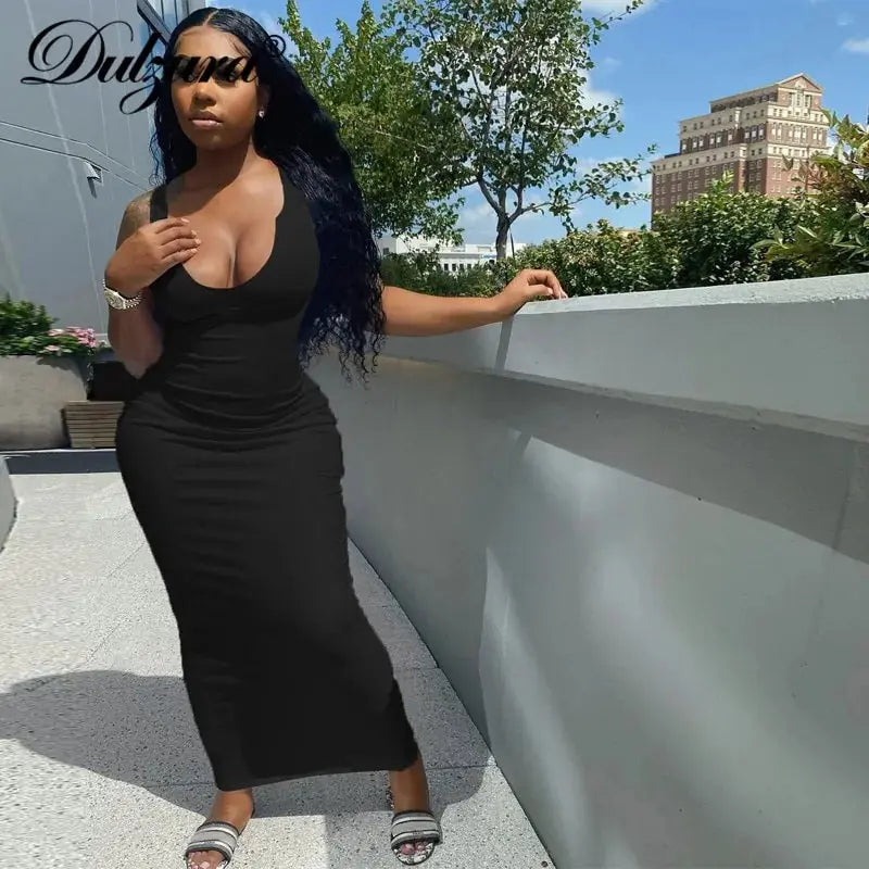 Women's V-Neck Bodycon Striped Knitted Sleeveless Midi Dress GLR SHOPPING