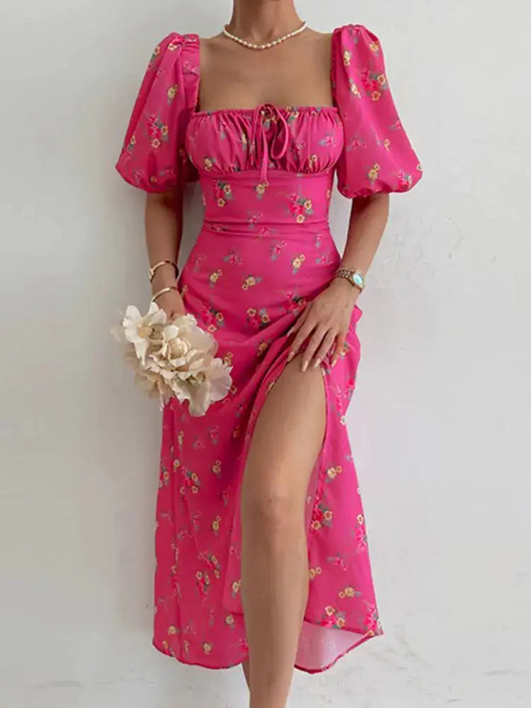 Floral Print Short Sleeve Hip Wrap Party Dress GLR SHOPPING