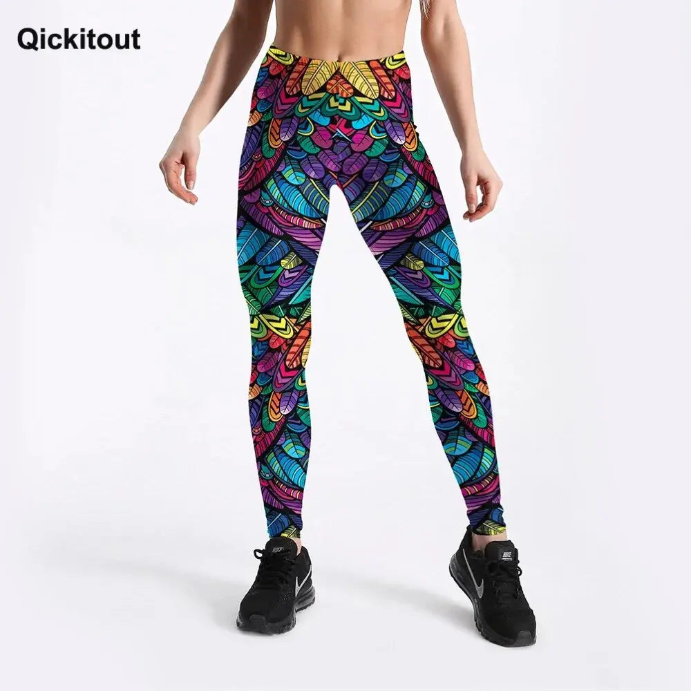 Quickitout Color Feathers 3D Printed Women's Mid-Waist Fitness Trousers GLR SHOPPING