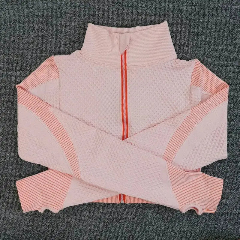 Sport Seamless Workout Set Women Rib 3 2 Piece Long Sleeve Zipper Crop Top Shirt Legging Pants Fitness Set Clothes Yoga Gym Set GLR SHOPPING