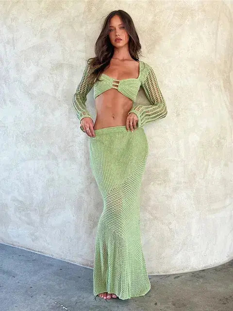 2 Piece Skirt Set Hollow Out Crop Top Long Sleeve GLR SHOPPING