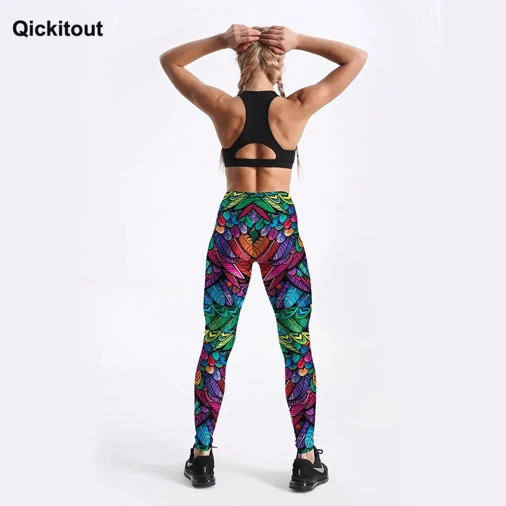 Quickitout Color Feathers 3D Printed Women's Mid-Waist Fitness Trousers GLR SHOPPING