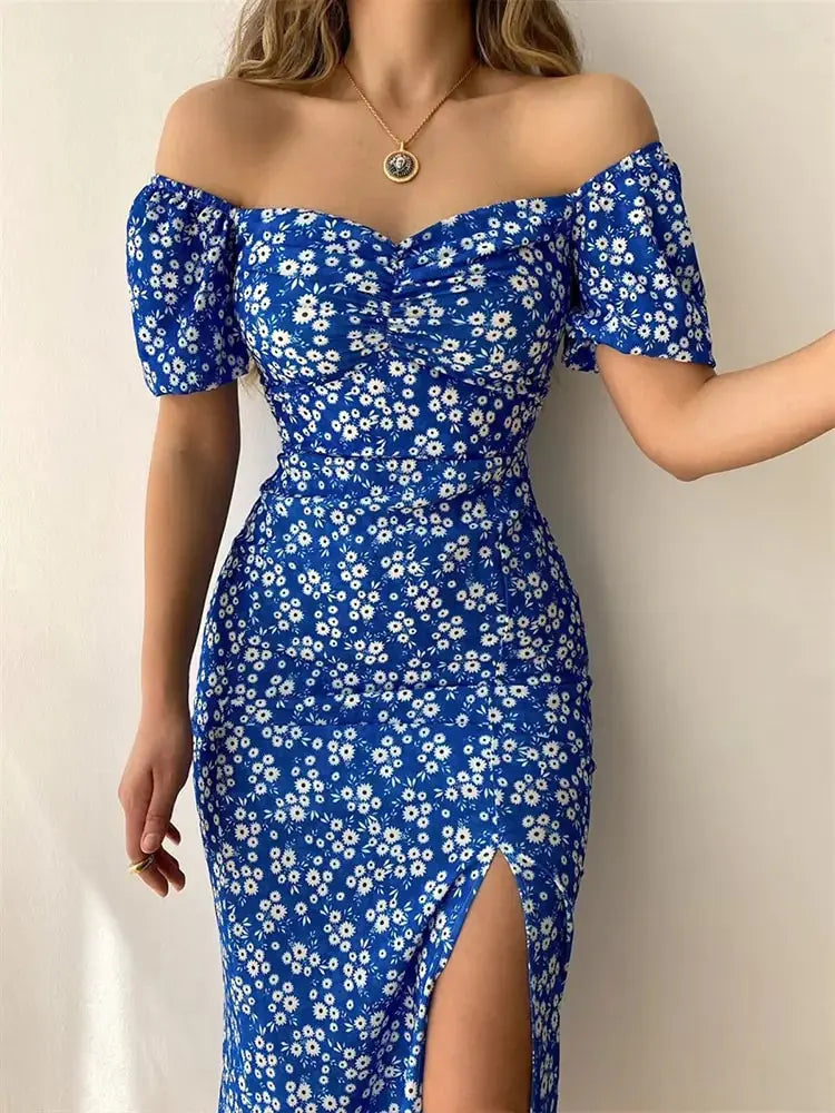 Floral Print Short Sleeve Hip Wrap Party Dress GLR SHOPPING