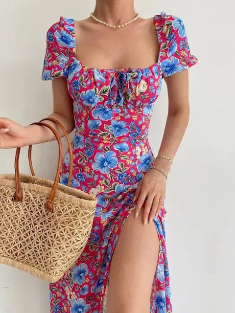 Floral Print Short Sleeve Hip Wrap Party Dress GLR SHOPPING