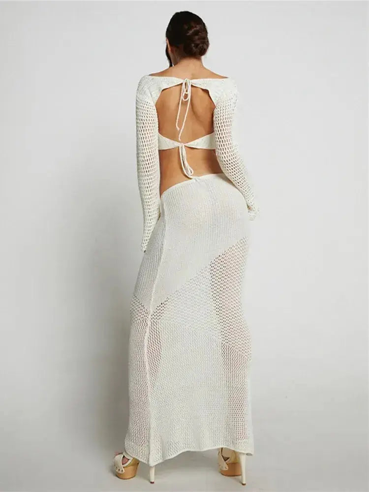 2 Piece Skirt Set Hollow Out Crop Top Long Sleeve GLR SHOPPING