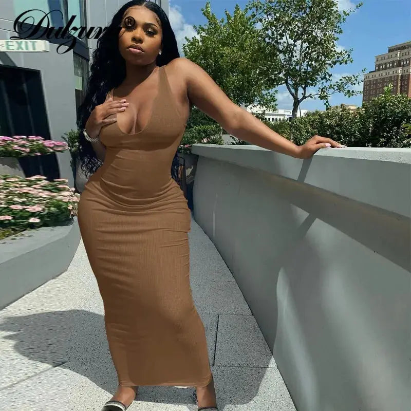 Women's V-Neck Bodycon Striped Knitted Sleeveless Midi Dress GLR SHOPPING