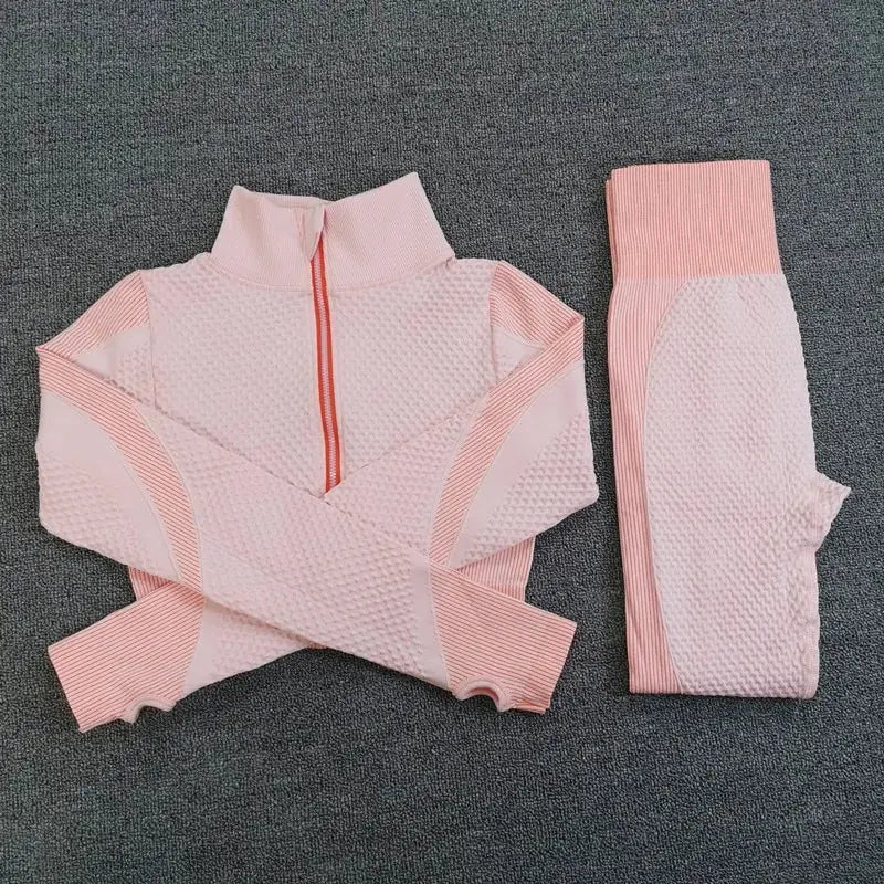 Sport Seamless Workout Set Women Rib 3 2 Piece Long Sleeve Zipper Crop Top Shirt Legging Pants Fitness Set Clothes Yoga Gym Set GLR SHOPPING