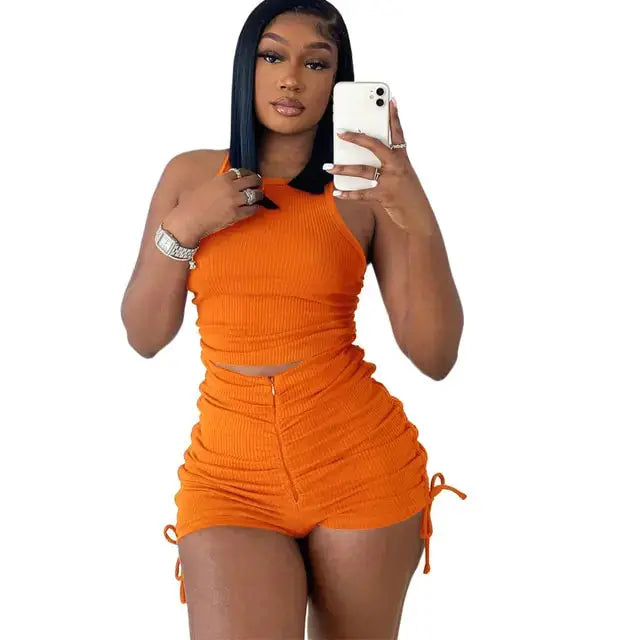 Drawstring Zipper Rib Casual Set GLR SHOPPING