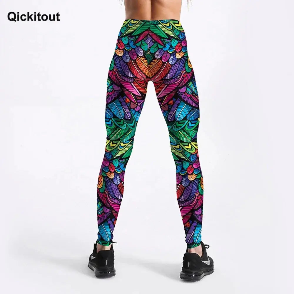 Quickitout Color Feathers 3D Printed Women's Mid-Waist Fitness Trousers GLR SHOPPING