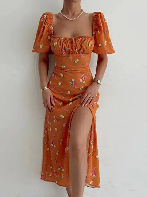 Floral Print Short Sleeve Hip Wrap Party Dress GLR SHOPPING