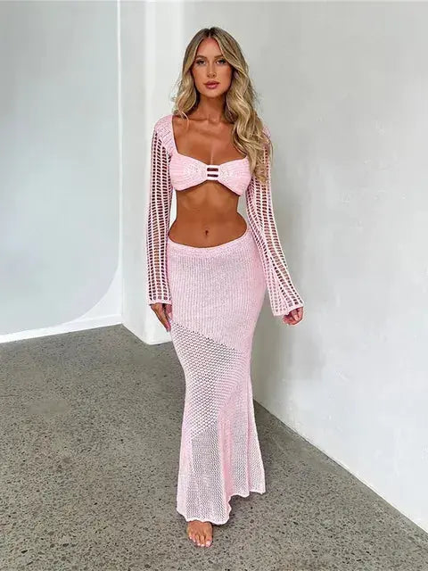 2 Piece Skirt Set Hollow Out Crop Top Long Sleeve GLR SHOPPING
