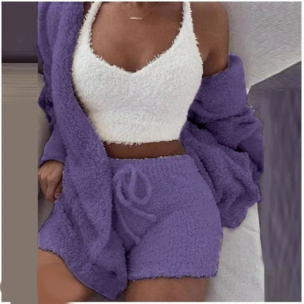 Fluffy Three Piece Set Lounge Sexy Outfits - GLR SHOPPING