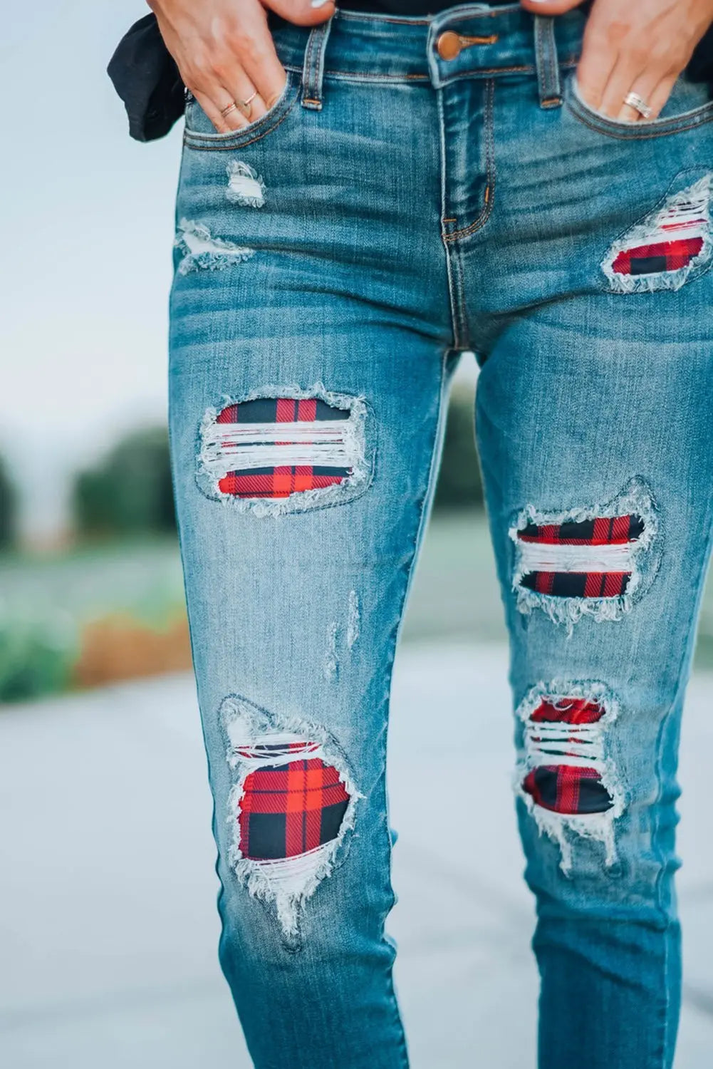 Women's Fashion Red Plaid Patch Destroyed Skinny Jeans - GLR SHOPPING